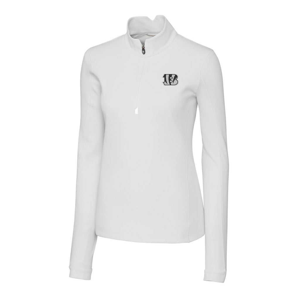 Cincinnati Bengals Cutter & Buck Women's Traverse Stretch DryTec Quarter-Zip Top White