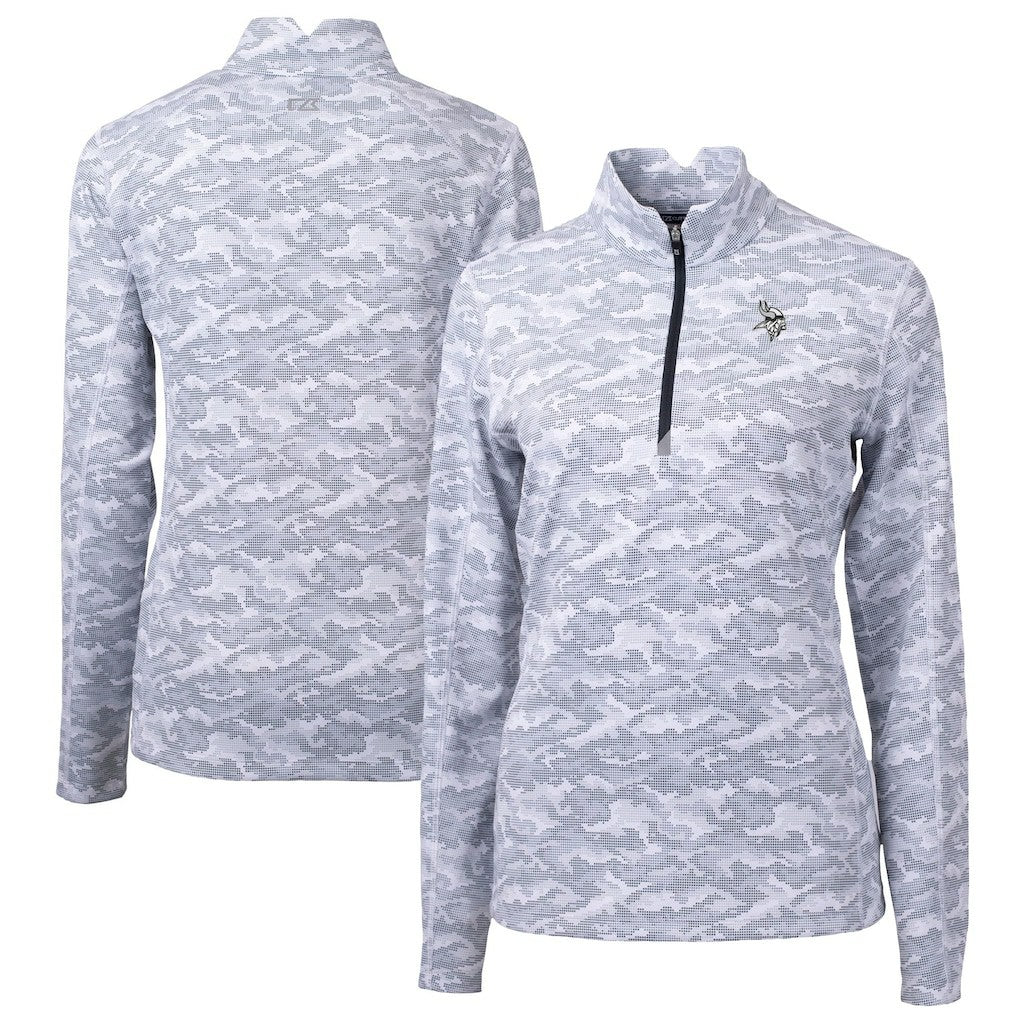 Minnesota Vikings Cutter & Buck Women's Traverse Camo Print Stretch Tri-Blend Quarter-Zip Top Gray