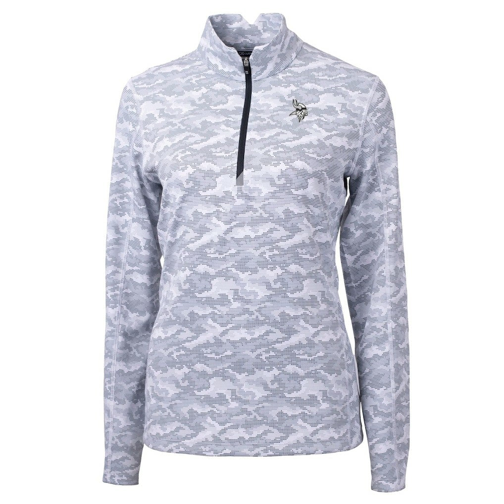 Minnesota Vikings Cutter & Buck Women's Traverse Camo Print Stretch Tri-Blend Quarter-Zip Top Gray