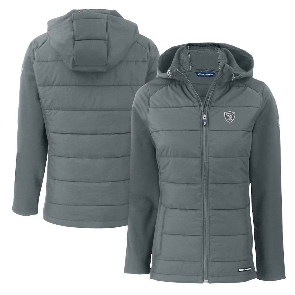Las Vegas Raiders Cutter & Buck Women's Evoke Hybrid Eco Softshell Recycled Full-Zip Hoodie Jacket Dark Gray