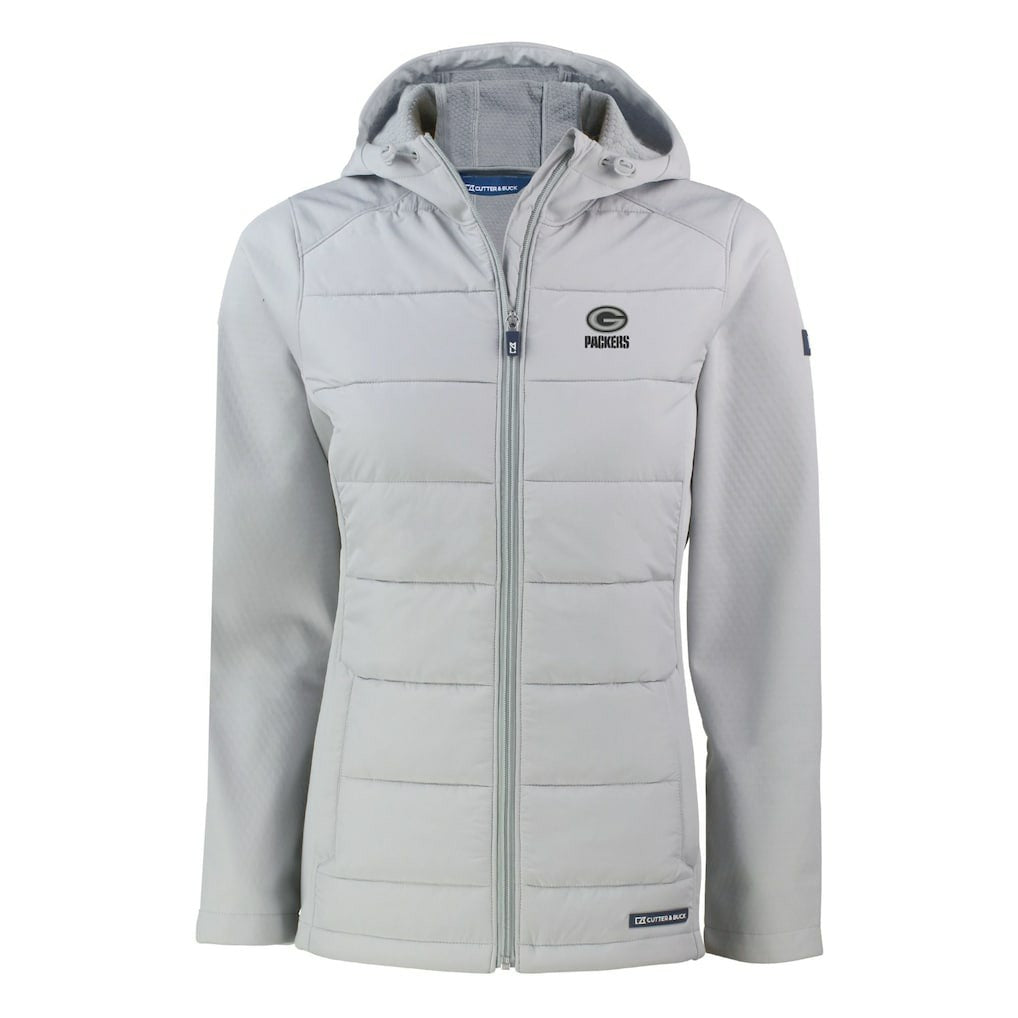 Green Bay Packers Cutter & Buck Women's Evoke Hybrid Eco Softshell Recycled Full-Zip Hoodie Jacket Gray
