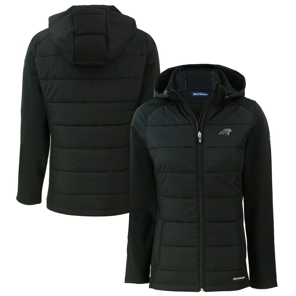 Carolina Panthers Cutter & Buck Women's Evoke Hybrid Eco Softshell Recycled Full-Zip Hoodie Jacket Black