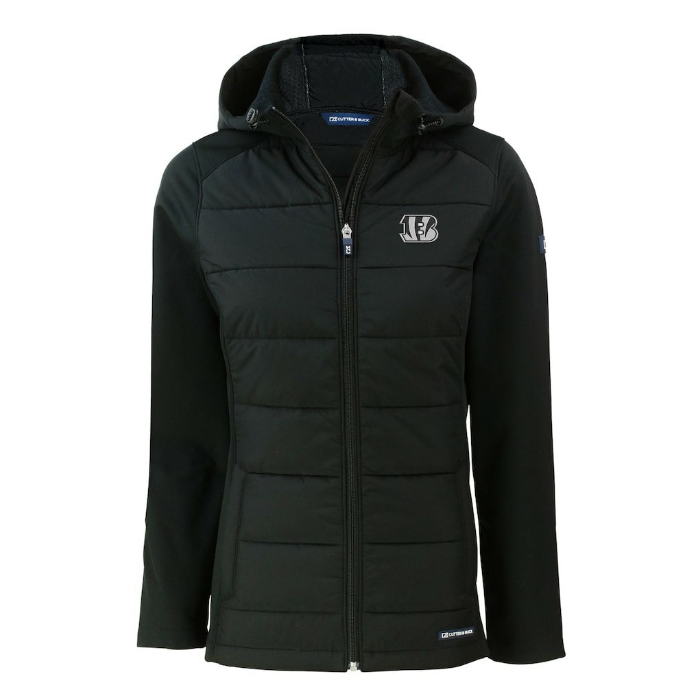 Cincinnati Bengals Cutter & Buck Women's Evoke Hybrid Eco Softshell Recycled Full-Zip Hoodie Jacket Black