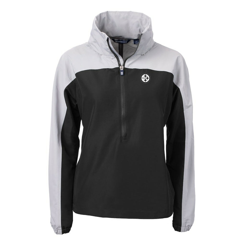 Pittsburgh Steelers Cutter & Buck Women's Charter Eco Recycled Half-Zip Hoodie Anorak Jacket Black/Gray