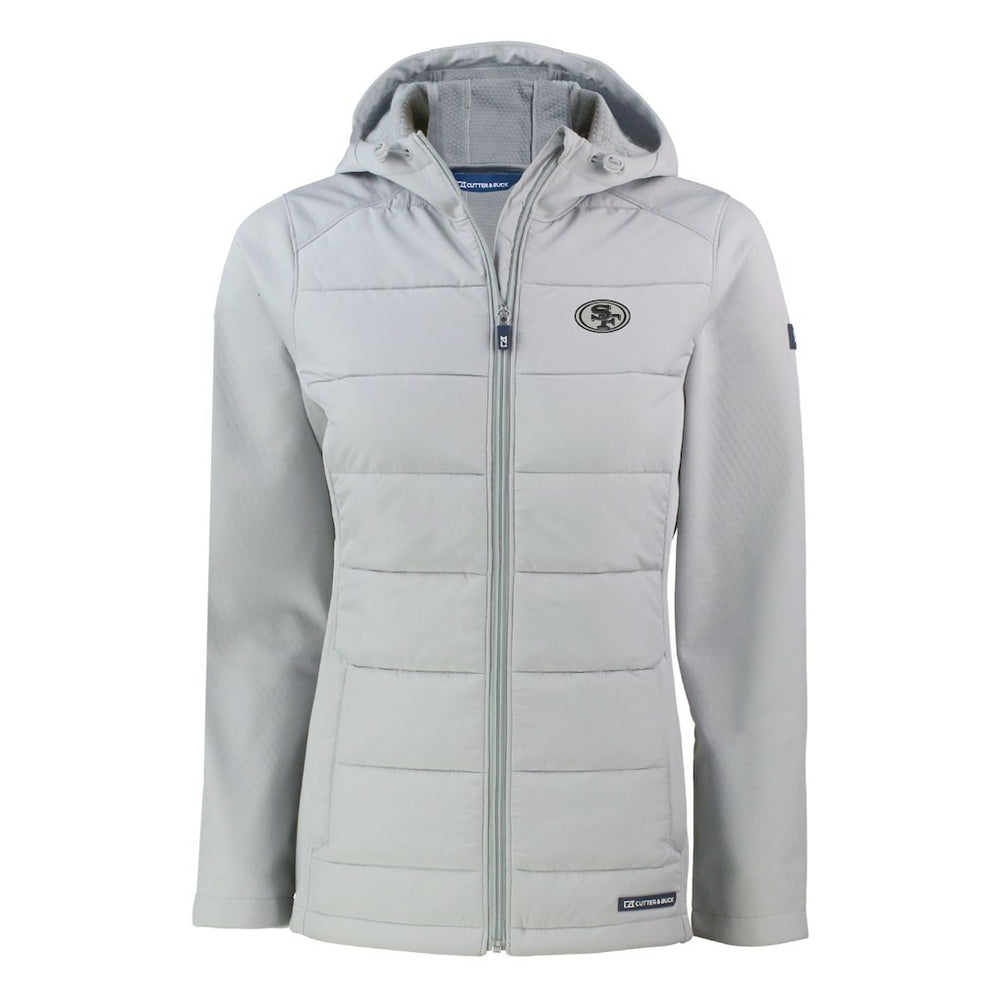 San Francisco 49ers Cutter & Buck Women's Evoke Hybrid Eco Softshell Recycled Full-Zip Hoodie Jacket Gray