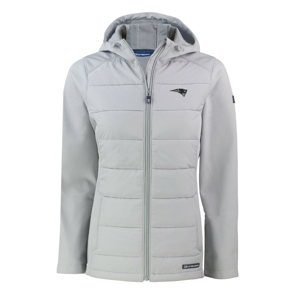New England Patriots Cutter & Buck Women's Evoke Hybrid Eco Softshell Recycled Full-Zip Hoodie Jacket Gray