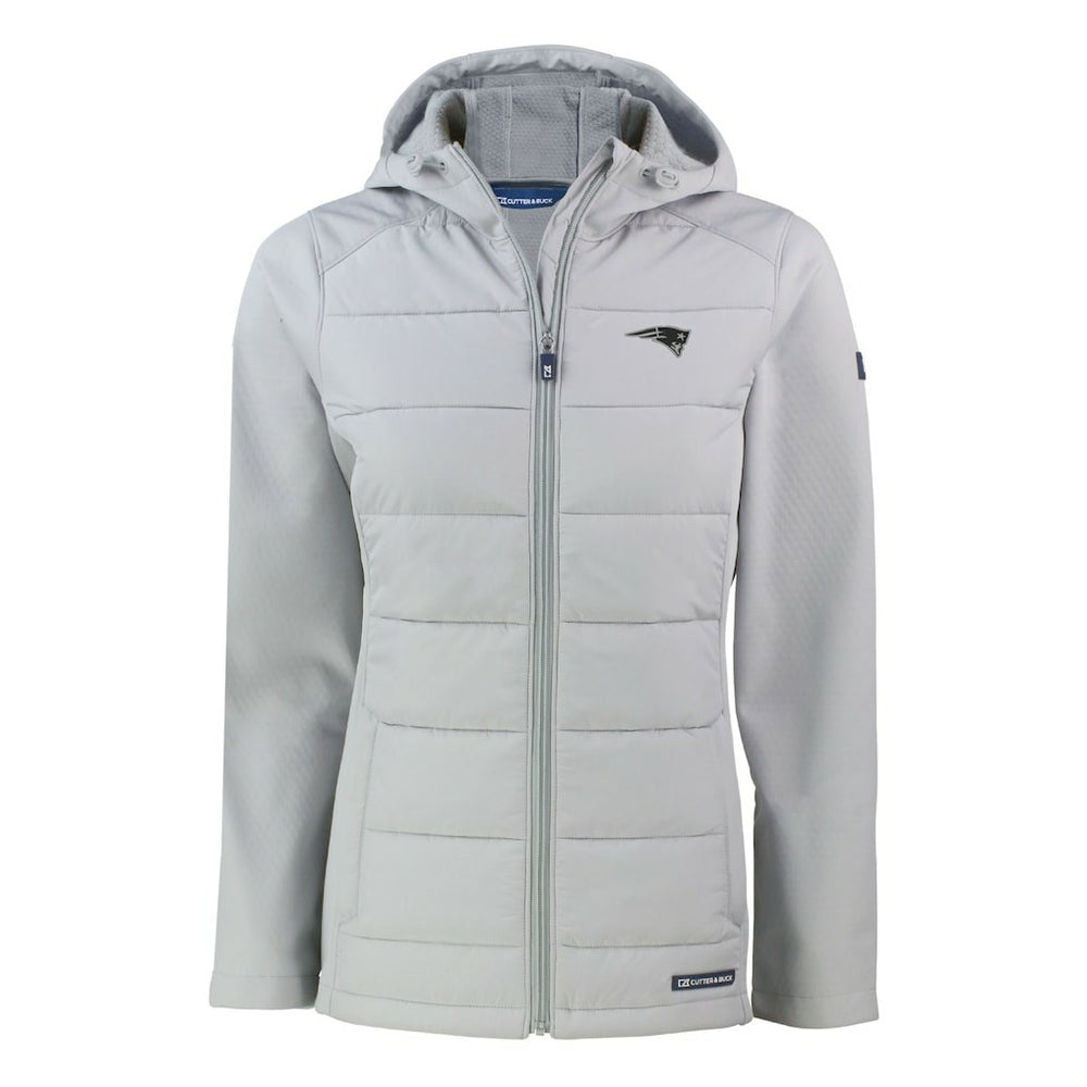 New England Patriots Cutter & Buck Women's Evoke Hybrid Eco Softshell Recycled Full-Zip Hoodie Jacket Gray