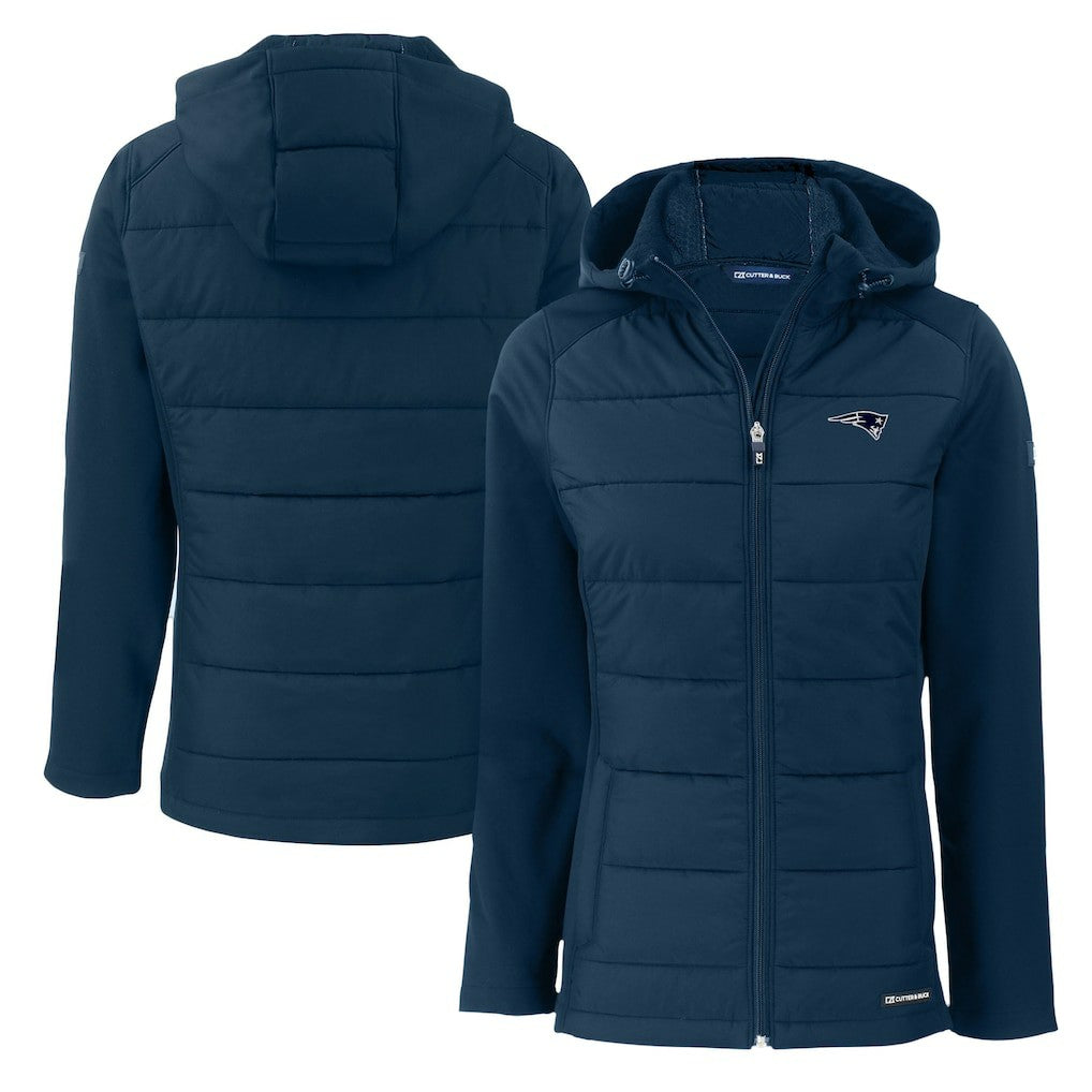 New England Patriots Cutter & Buck Women's Evoke Hybrid Eco Softshell Recycled Full-Zip Hoodie Jacket Navy