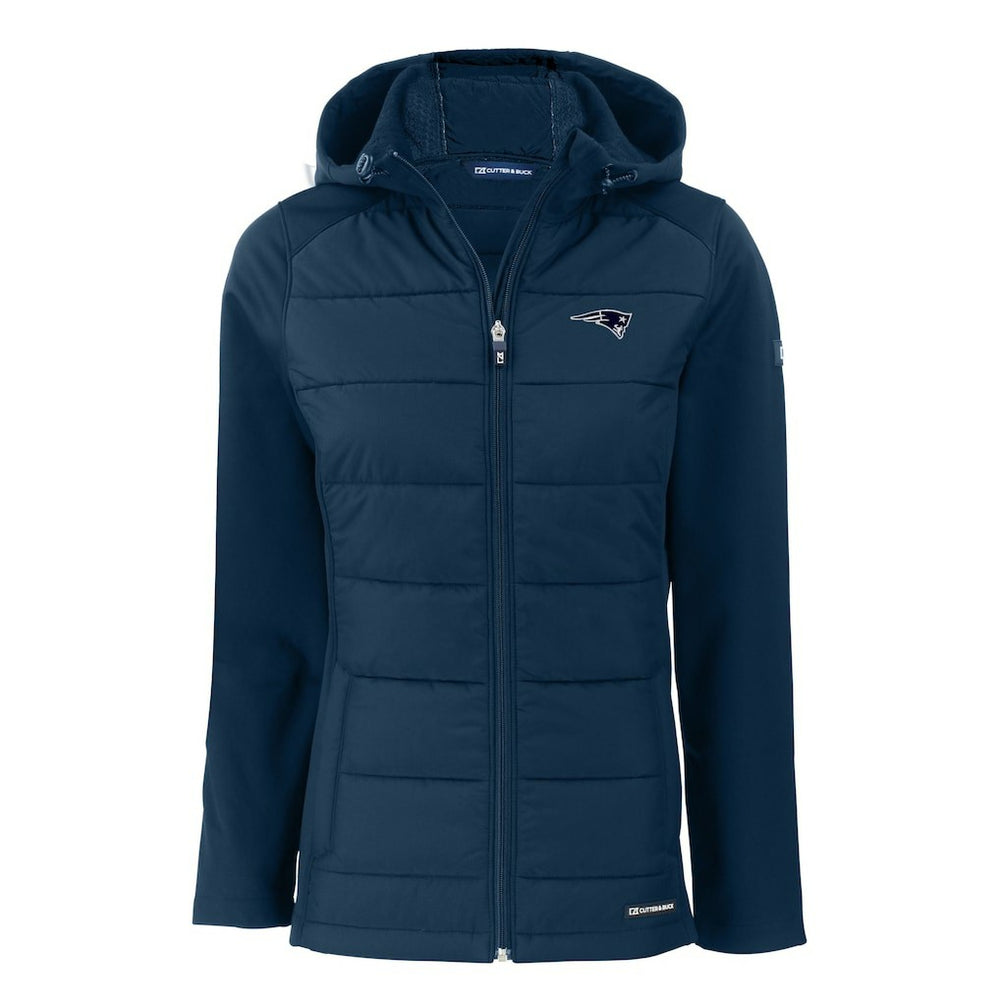 New England Patriots Cutter & Buck Women's Evoke Hybrid Eco Softshell Recycled Full-Zip Hoodie Jacket Navy