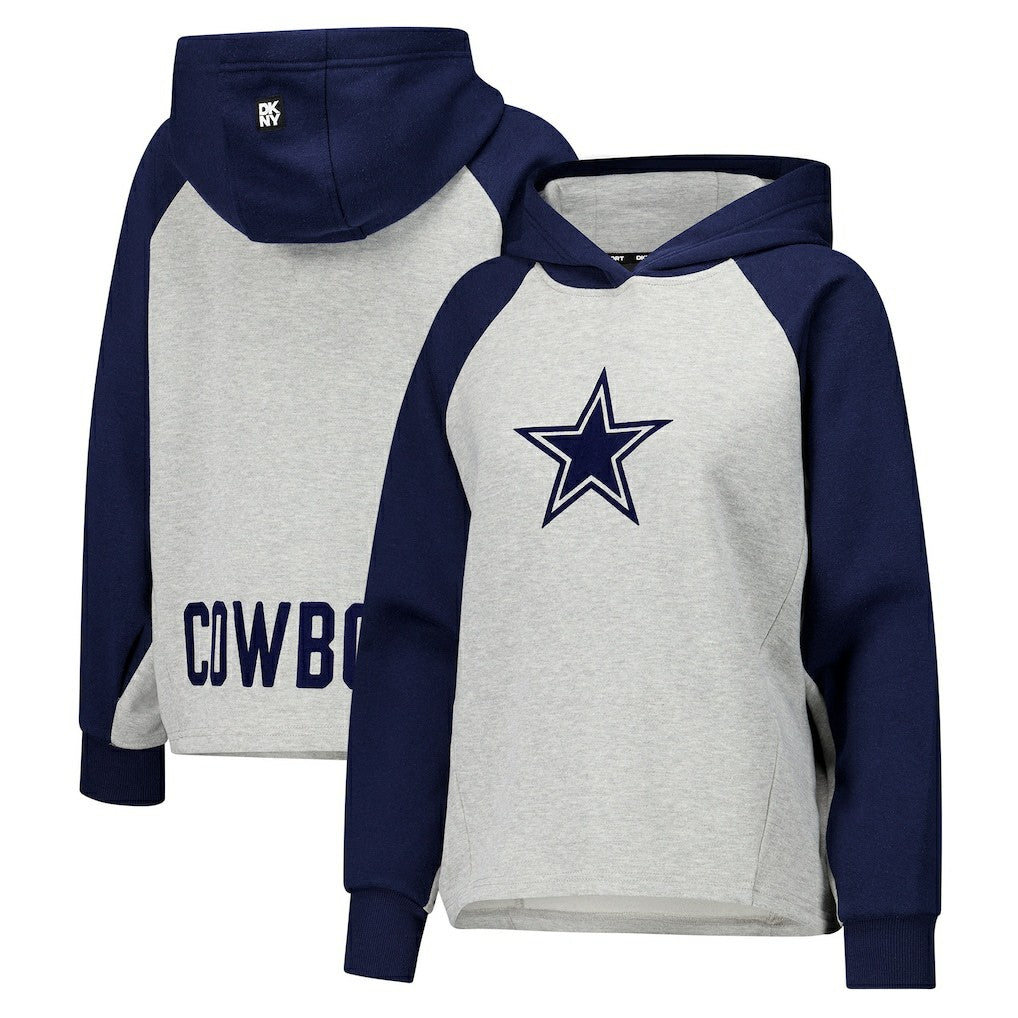 Dallas Cowboys DKNY Sport Women's Joy Cropped Raglan Pullover Hoodie - Gray/Navy