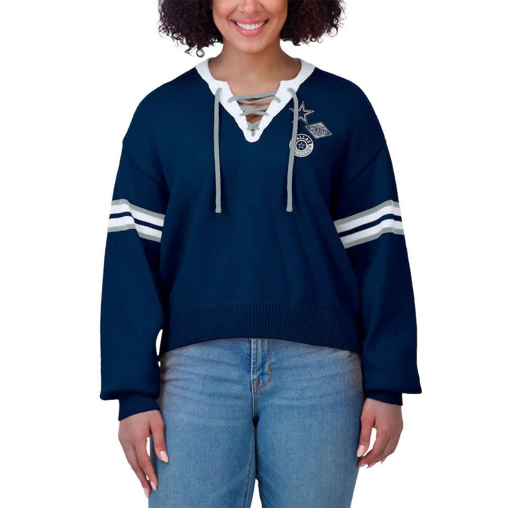 Dallas Cowboys WEAR by Erin Andrews Women's Lace-Up Sweater Navy