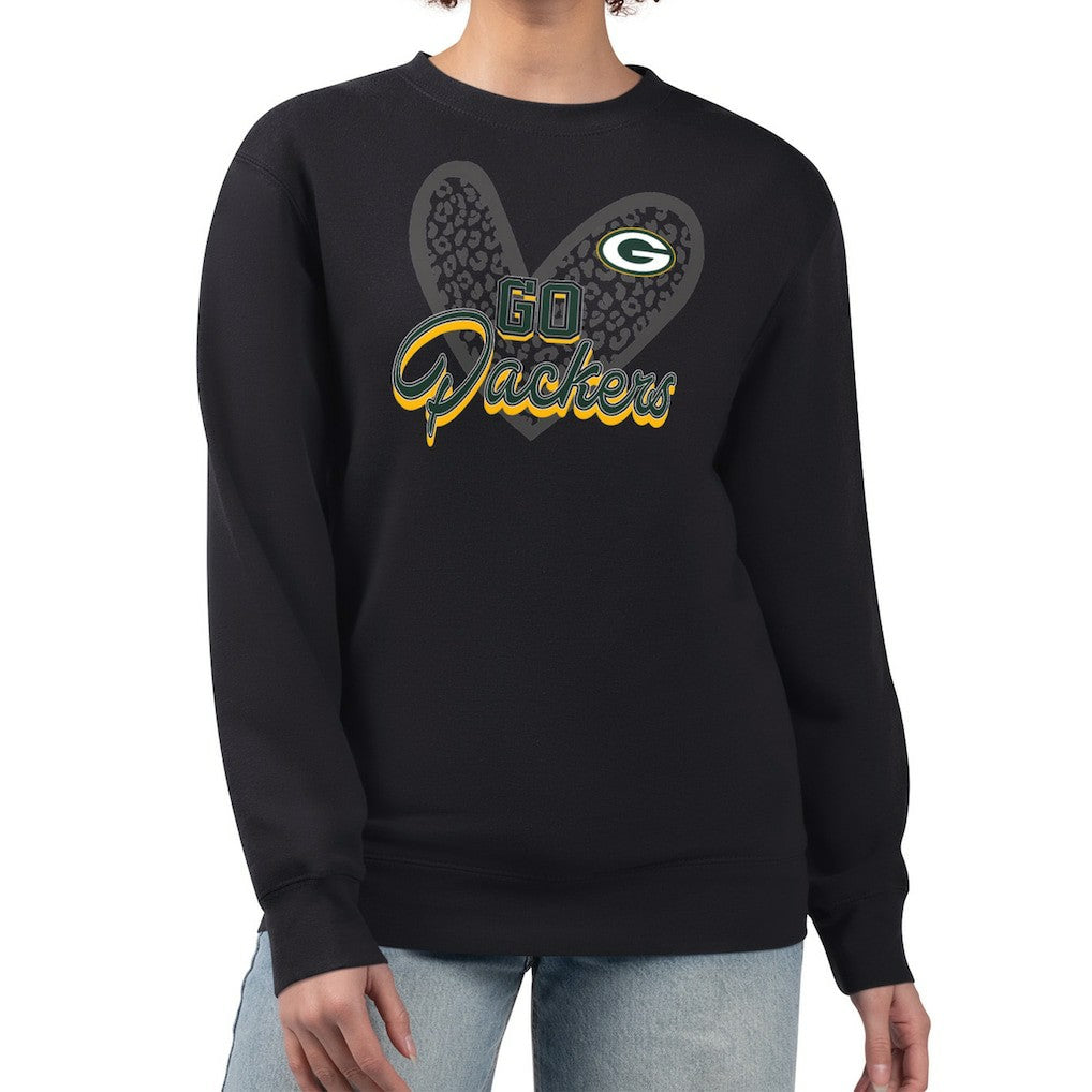 Green Bay Packers G-III 4Her by Carl Banks Women's Leopard Heart Pullover Sweatshirt Black