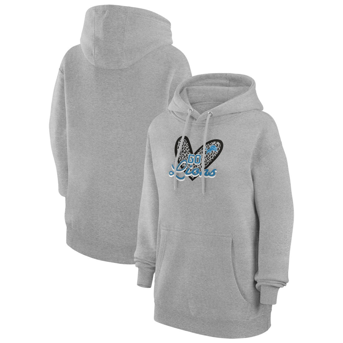 Detroit Lions G-III 4Her by Carl Banks Women's Animal Print Heart Team Graphic Fleece Tri-Blend Pullover Hoodie Heather Gray