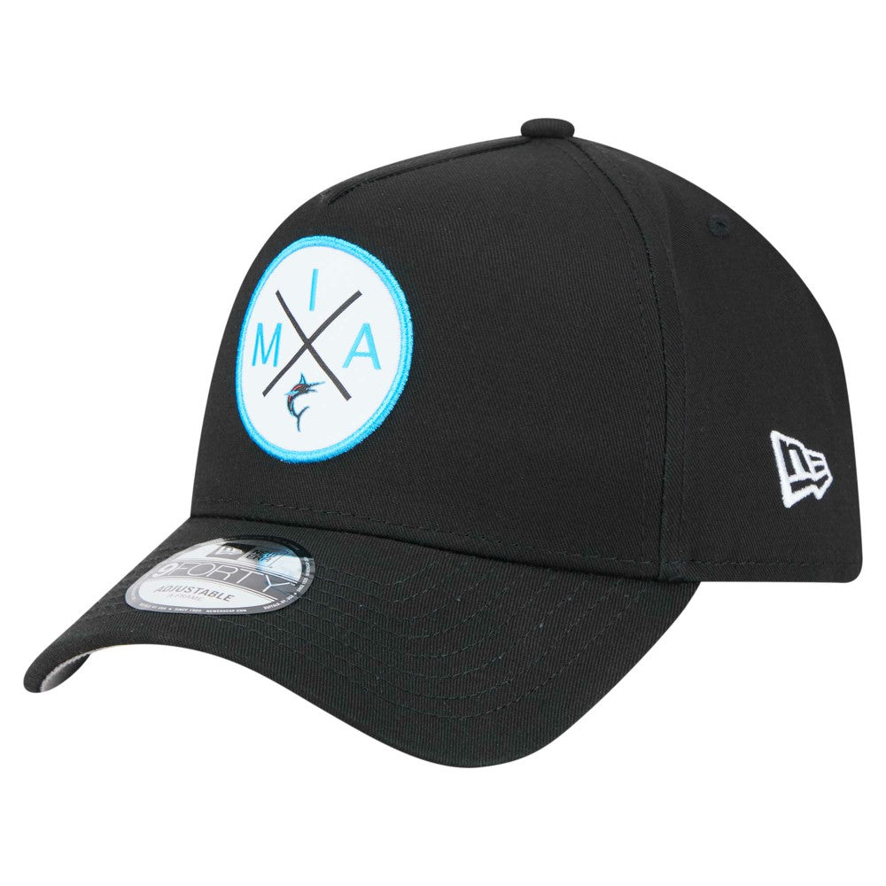 Miami Marlins New Era 9FORTY A-Frame Adjustable Hat - Black - New Era Discount