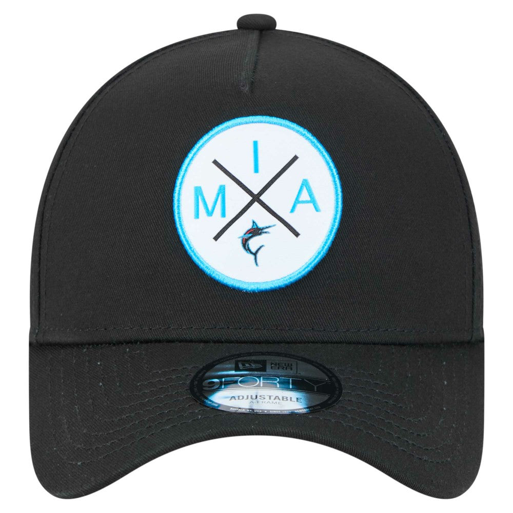 Miami Marlins New Era 9FORTY A-Frame Adjustable Hat - Black - New Era Discount