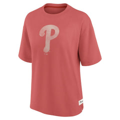 Philadelphia Phillies Fanatics Women's Oversized Elements Raw Edge Future Ground T-Shirt - Red - Fanatics Discount