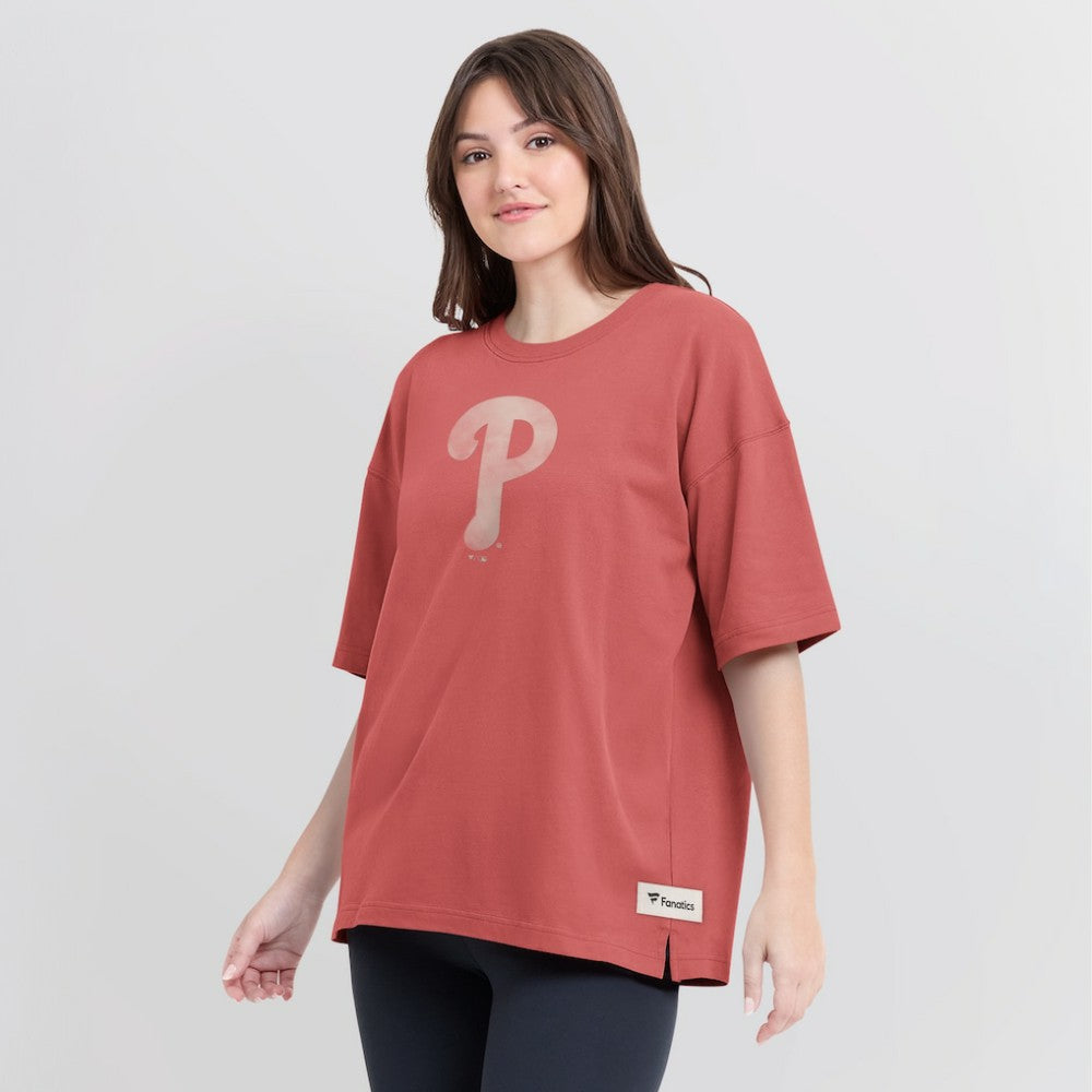 Philadelphia Phillies Fanatics Women's Oversized Elements Raw Edge Future Ground T-Shirt - Red - Fanatics Discount