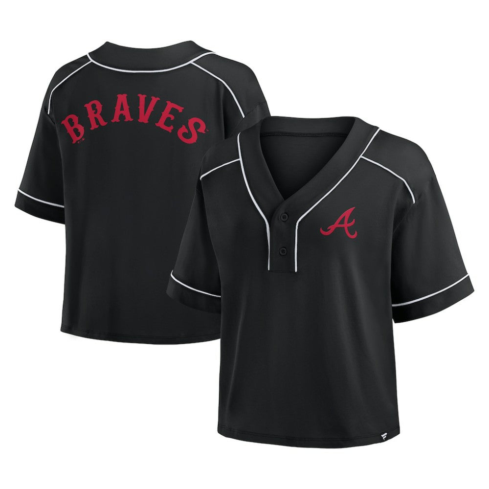 Atlanta Braves Fanatics Women's Oversized Champ Game Cropped  V-Neck T-Shirt - Black - Fanatics Lifestyle