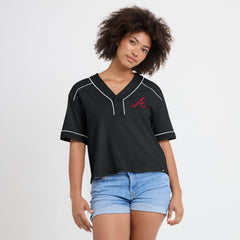 Atlanta Braves Fanatics Women's Oversized Champ Game Cropped  V-Neck T-Shirt - Black - Fanatics Lifestyle