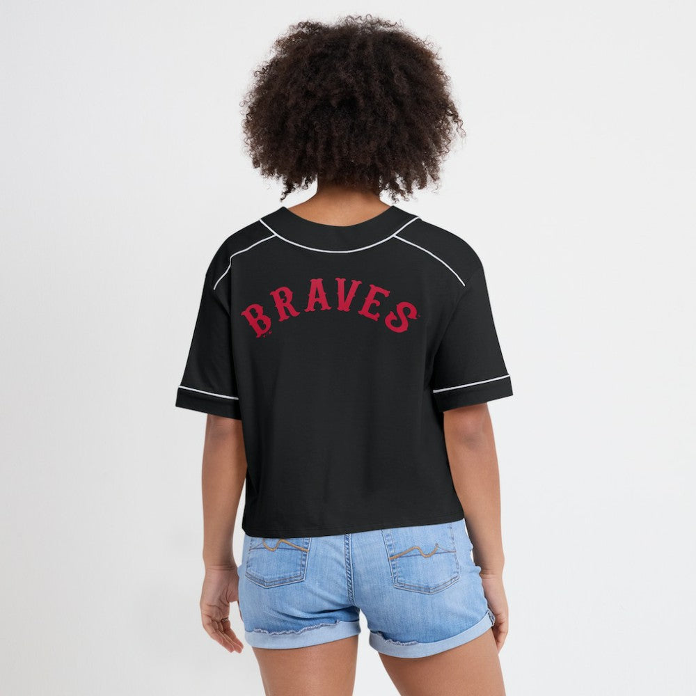 Atlanta Braves Fanatics Women's Oversized Champ Game Cropped  V-Neck T-Shirt - Black - Fanatics Lifestyle