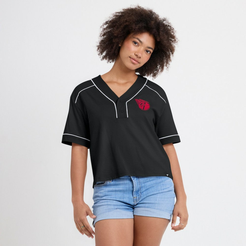 Cleveland Guardians Fanatics Women's Oversized Champ Game Cropped  V-Neck T-Shirt - Black - Fanatics Discount
