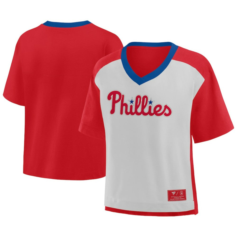 Philadelphia Phillies Fanatics Oversized Race To Win V-Neck T-Shirt - Red/Graphite - Fanatics on Sale