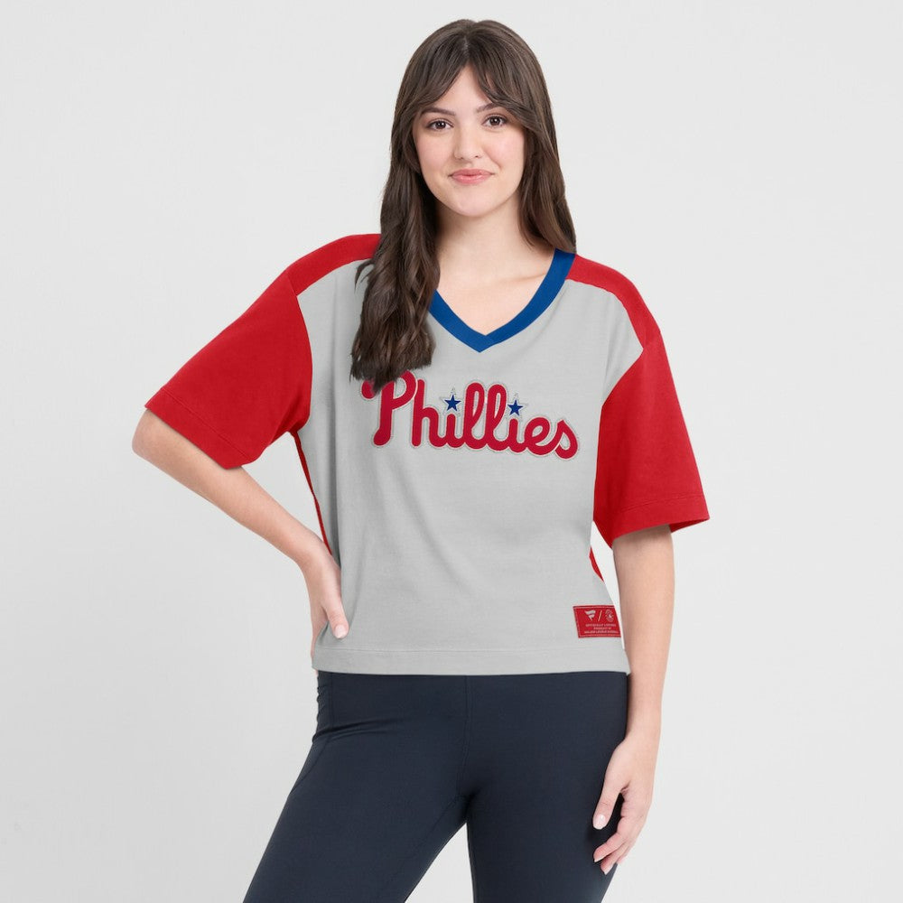Philadelphia Phillies Fanatics Oversized Race To Win V-Neck T-Shirt - Red/Graphite - Fanatics on Sale