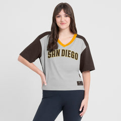San Diego Padres Fanatics Oversized Race To Win V-Neck T-Shirt - Brown/Graphite - Fanatics Online
