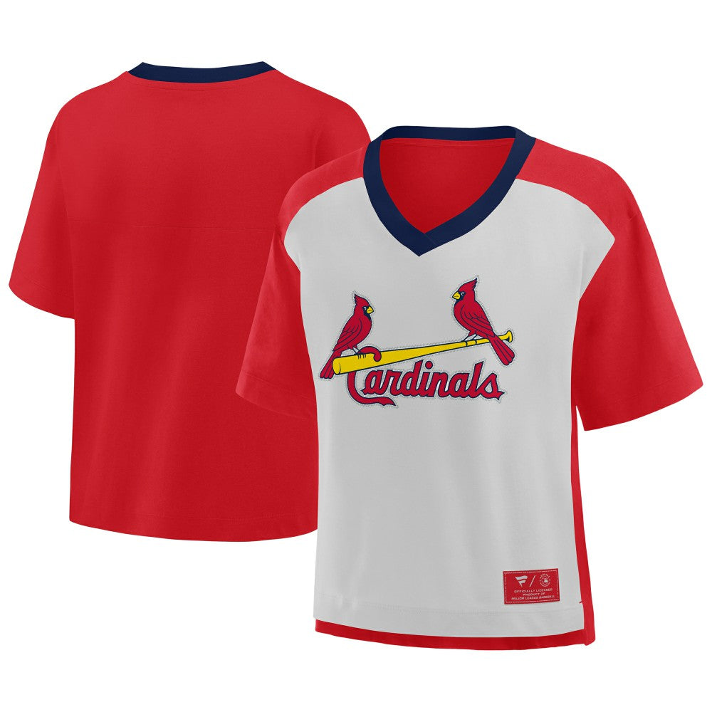 St. Louis Cardinals Fanatics Oversized Race To Win V-Neck T-Shirt - Red/Graphite - Fanatics Online