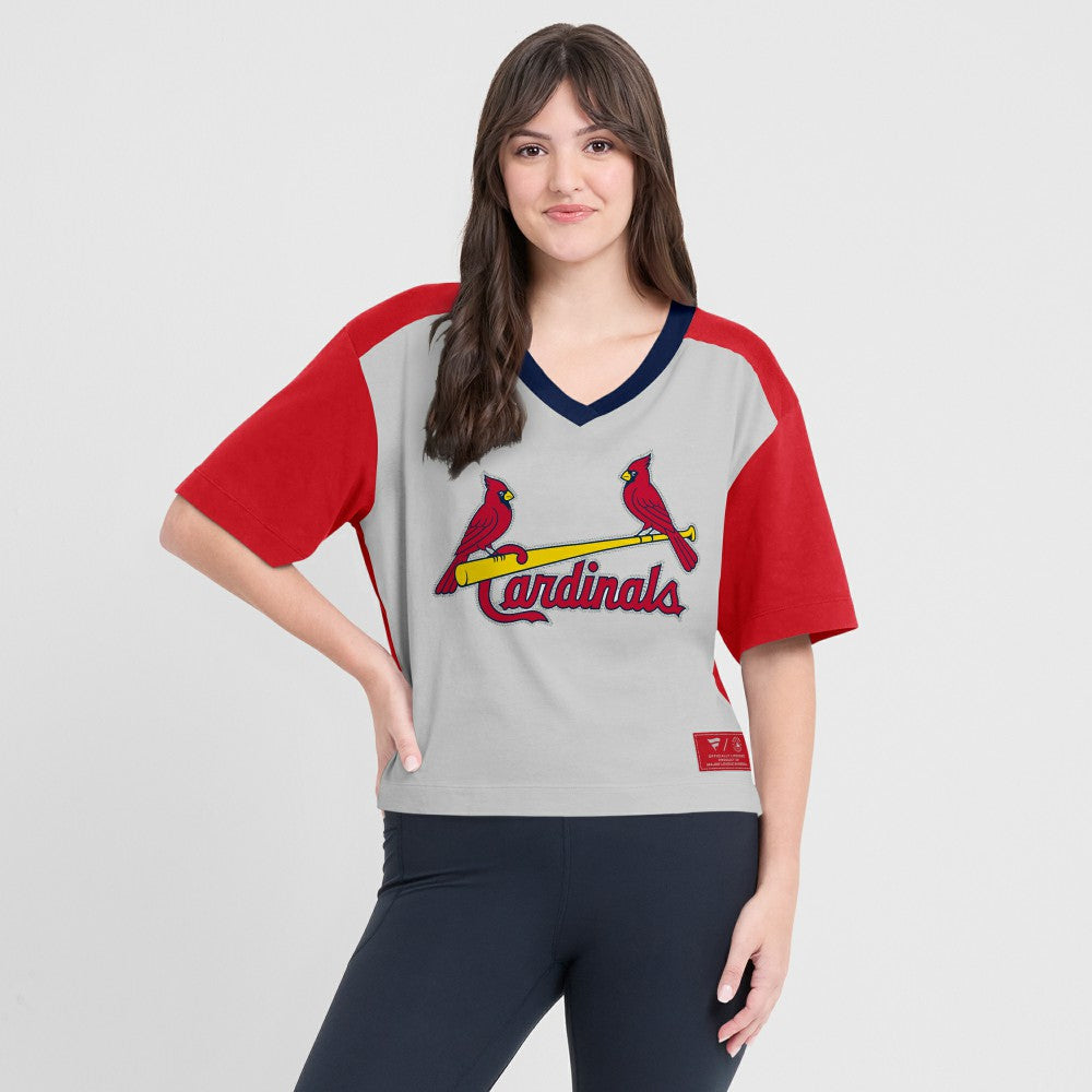 St. Louis Cardinals Fanatics Oversized Race To Win V-Neck T-Shirt - Red/Graphite - Fanatics Online