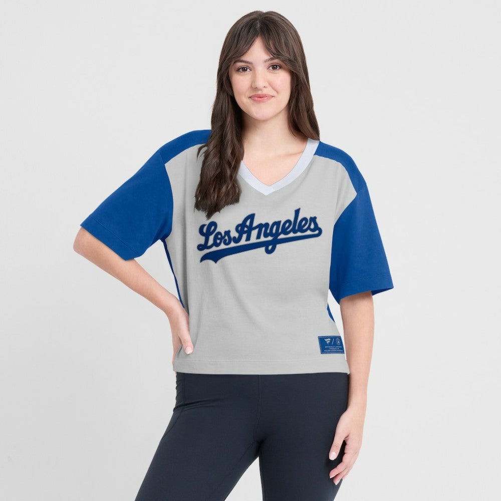 Los Angeles Dodgers Fanatics Oversized Race To Win V-Neck T-Shirt - Royal/Graphite - Fanatics Online