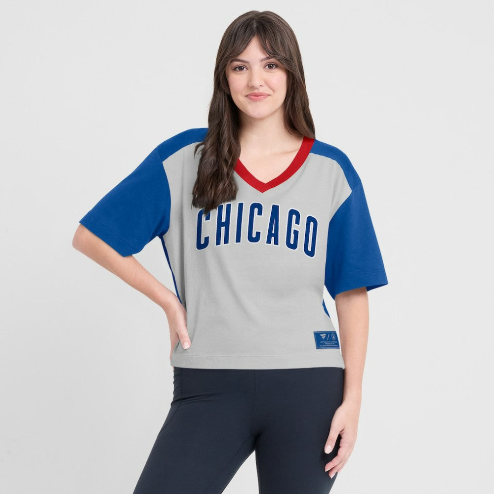 Chicago Cubs Fanatics Oversized Race To Win V-Neck T-Shirt - Royal/Graphite - Fanatics Discount