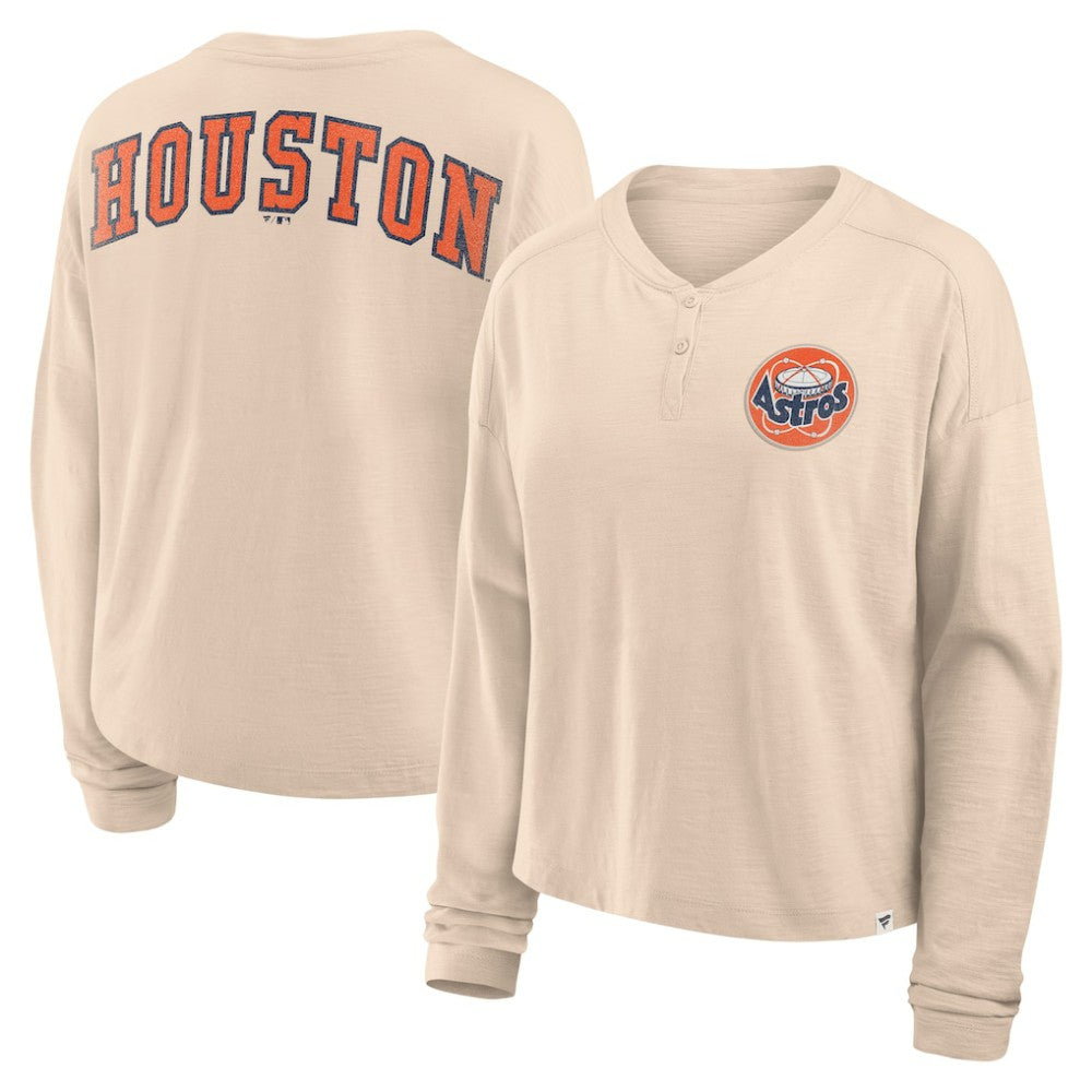 Houston Astros Fanatics Women's Oversized Stadium Slub Long Sleeve Henley T-Shirt - Tan - Fanatics on Sale