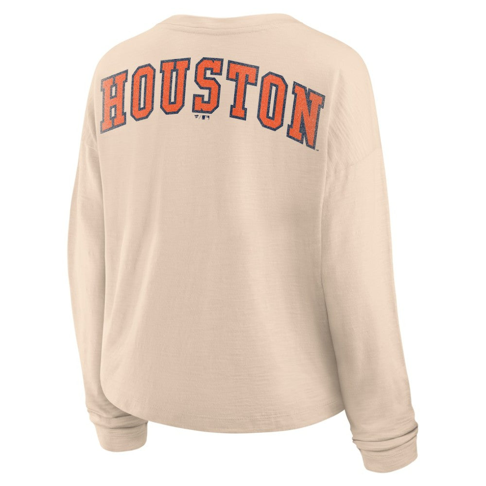 Houston Astros Fanatics Women's Oversized Stadium Slub Long Sleeve Henley T-Shirt - Tan - Fanatics on Sale
