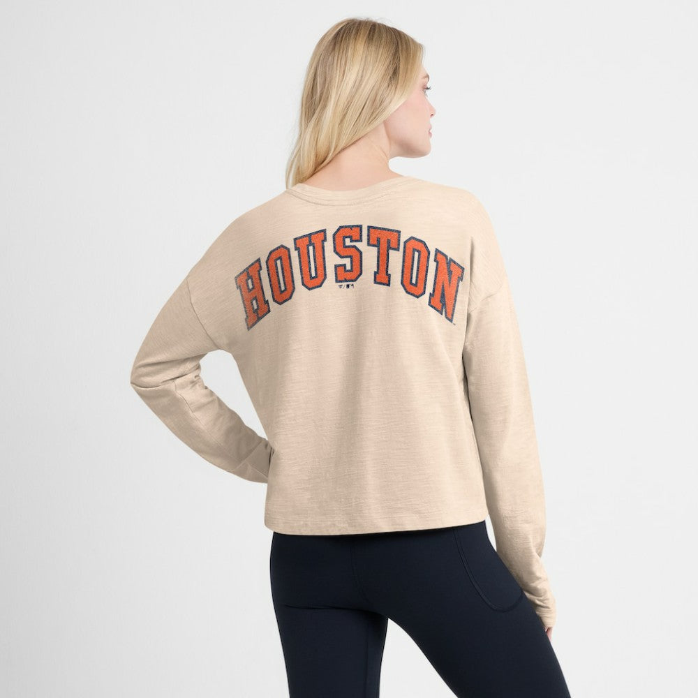Houston Astros Fanatics Women's Oversized Stadium Slub Long Sleeve Henley T-Shirt - Tan - Fanatics on Sale