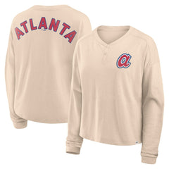 Atlanta Braves Fanatics Women's Oversized Stadium Slub Long Sleeve Henley T-Shirt - Tan - Fanatics on Sale