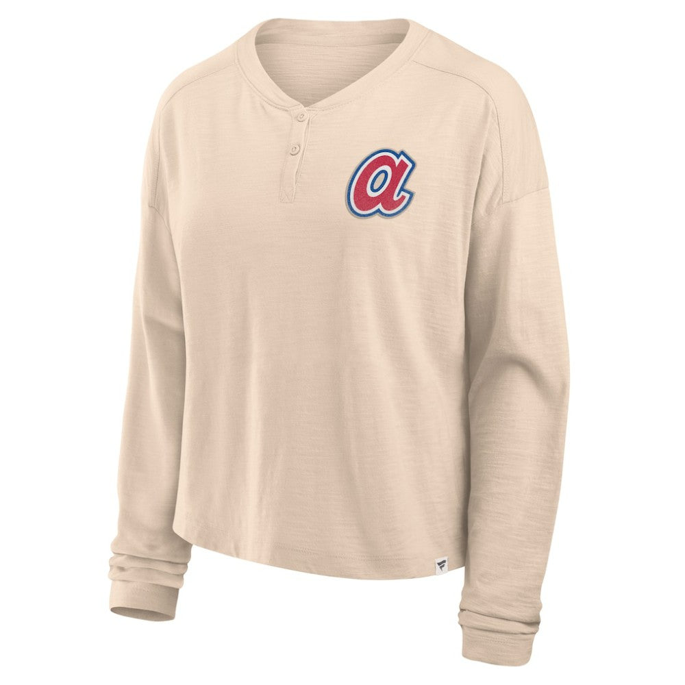Atlanta Braves Fanatics Women's Oversized Stadium Slub Long Sleeve Henley T-Shirt - Tan - Fanatics on Sale