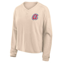 Atlanta Braves Fanatics Women's Oversized Stadium Slub Long Sleeve Henley T-Shirt - Tan - Fanatics on Sale