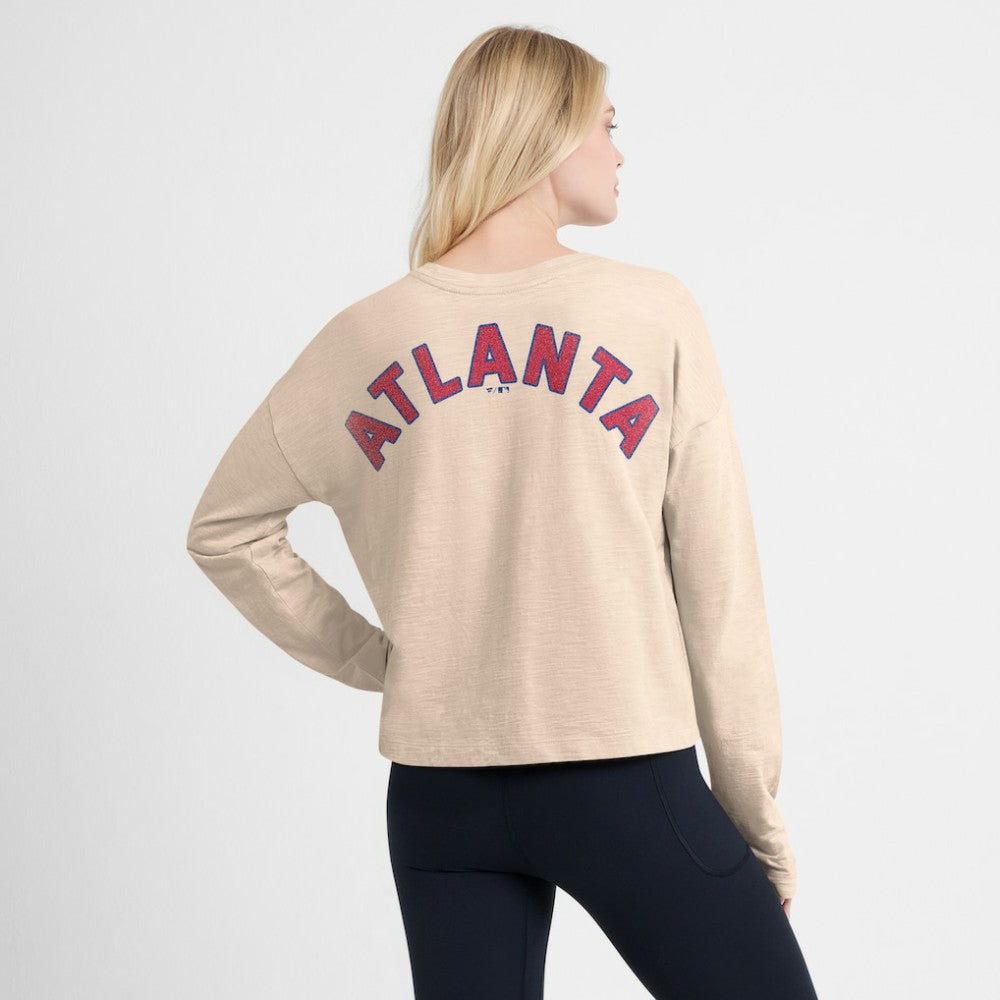 Atlanta Braves Fanatics Women's Oversized Stadium Slub Long Sleeve Henley T-Shirt - Tan - Fanatics on Sale