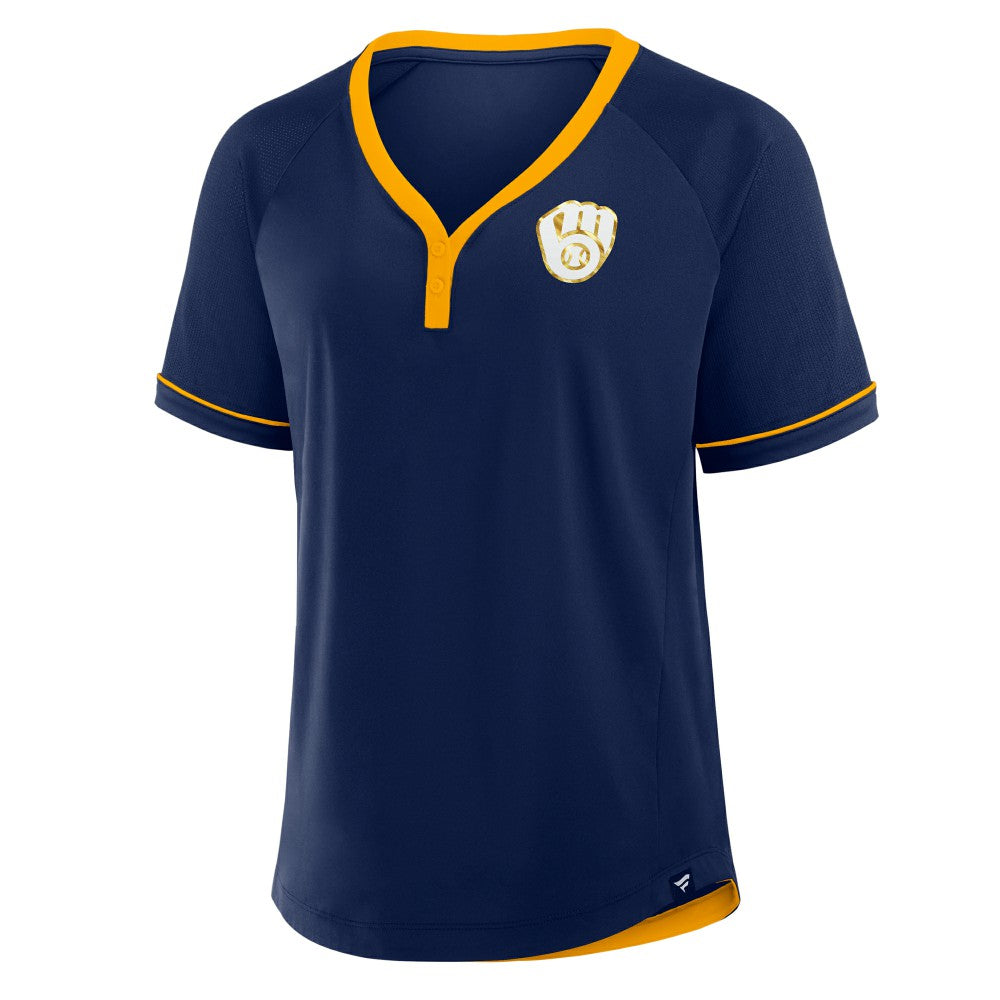 Milwaukee Brewers Fanatics Women's League Diva Star Raglan V-Neck T-Shirt - Navy - Fanatics Sale