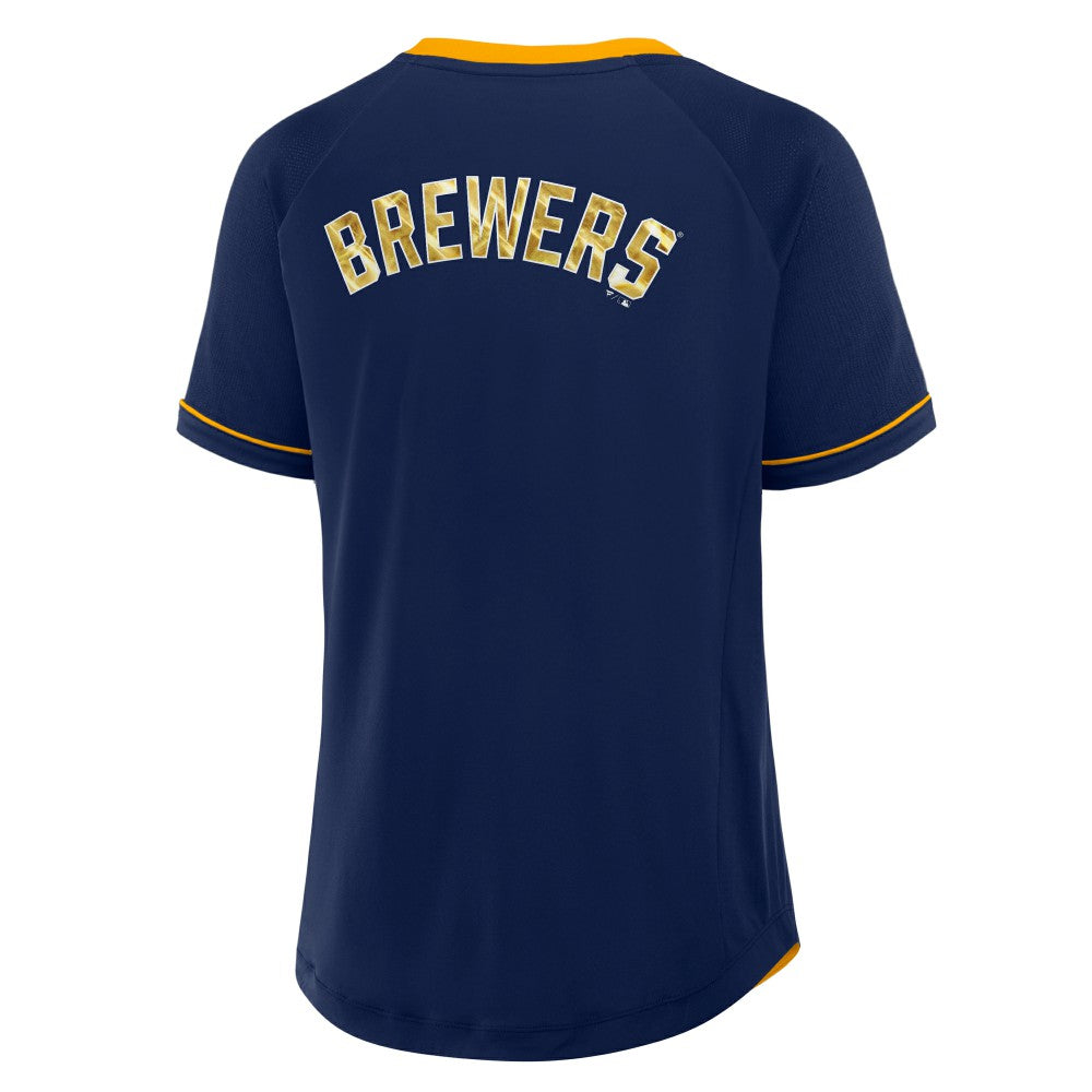 Milwaukee Brewers Fanatics Women's League Diva Star Raglan V-Neck T-Shirt - Navy - Fanatics Sale
