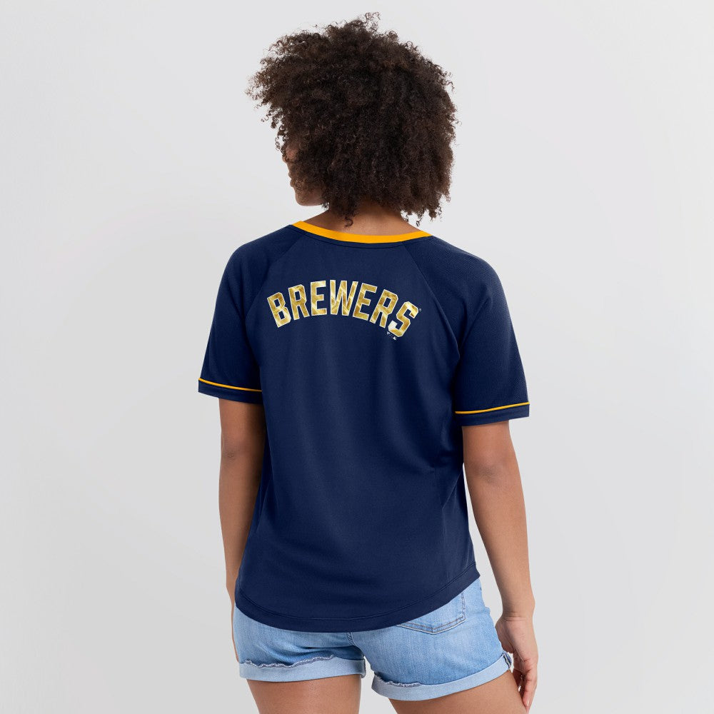 Milwaukee Brewers Fanatics Women's League Diva Star Raglan V-Neck T-Shirt - Navy - Fanatics Sale