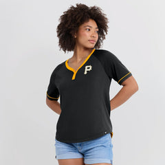 Pittsburgh Pirates Fanatics Women's League Diva Star Raglan V-Neck T-Shirt - Black - Fanatics Lifestyle