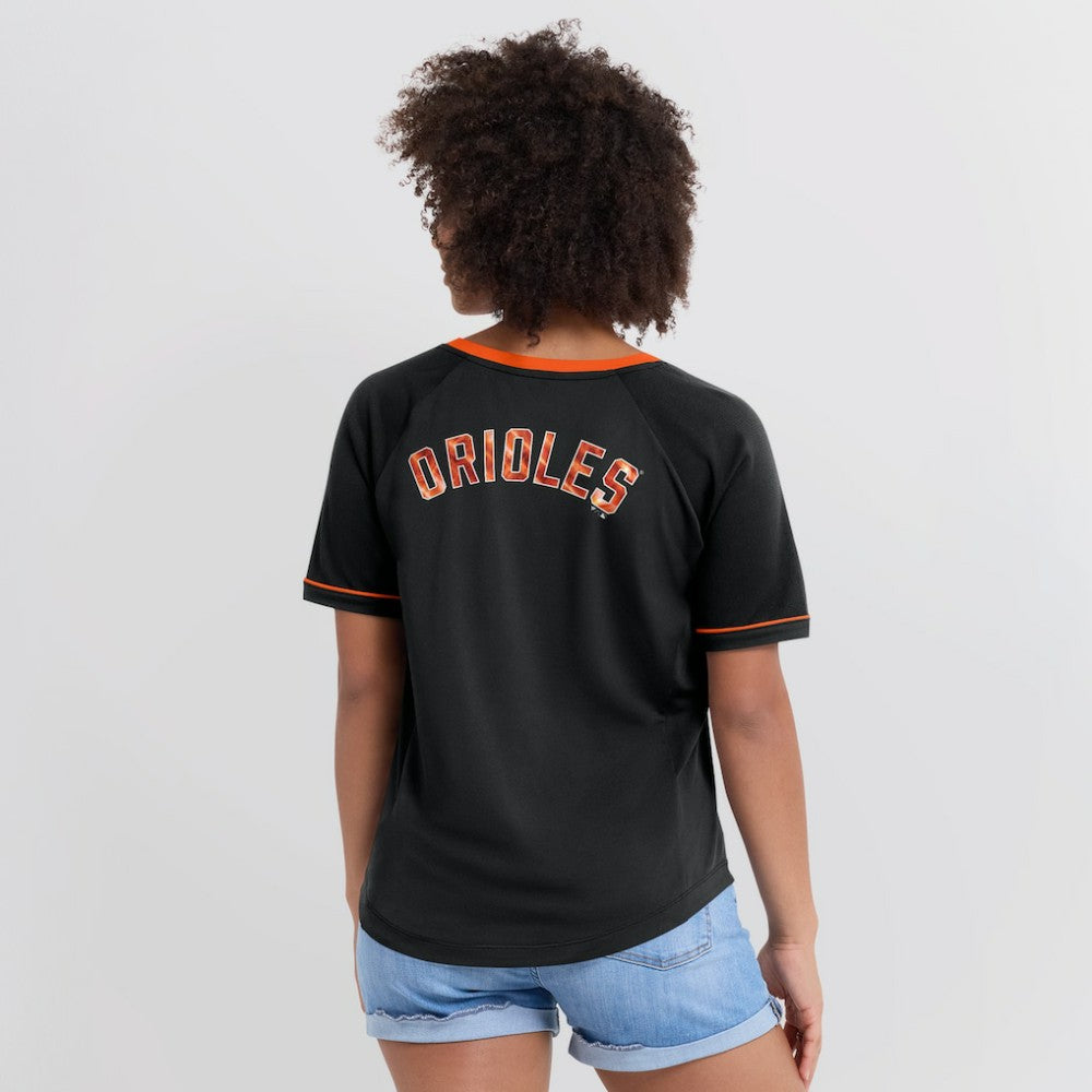 Baltimore Orioles Fanatics Women's League Diva Star Raglan V-Neck T-Shirt - Black - Fanatics Lifestyle