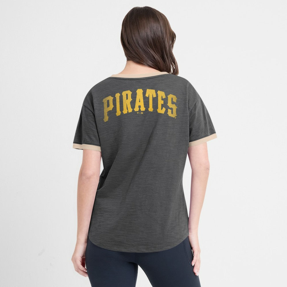 Pittsburgh Pirates Fanatics Women's Binge Worthy Stadium Slub V-Neck T-Shirt - Black - Fanatics Sale