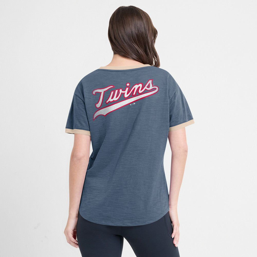 Minnesota Twins Fanatics Women's Binge Worthy Stadium Slub V-Neck T-Shirt - Navy - Fanatics Discount