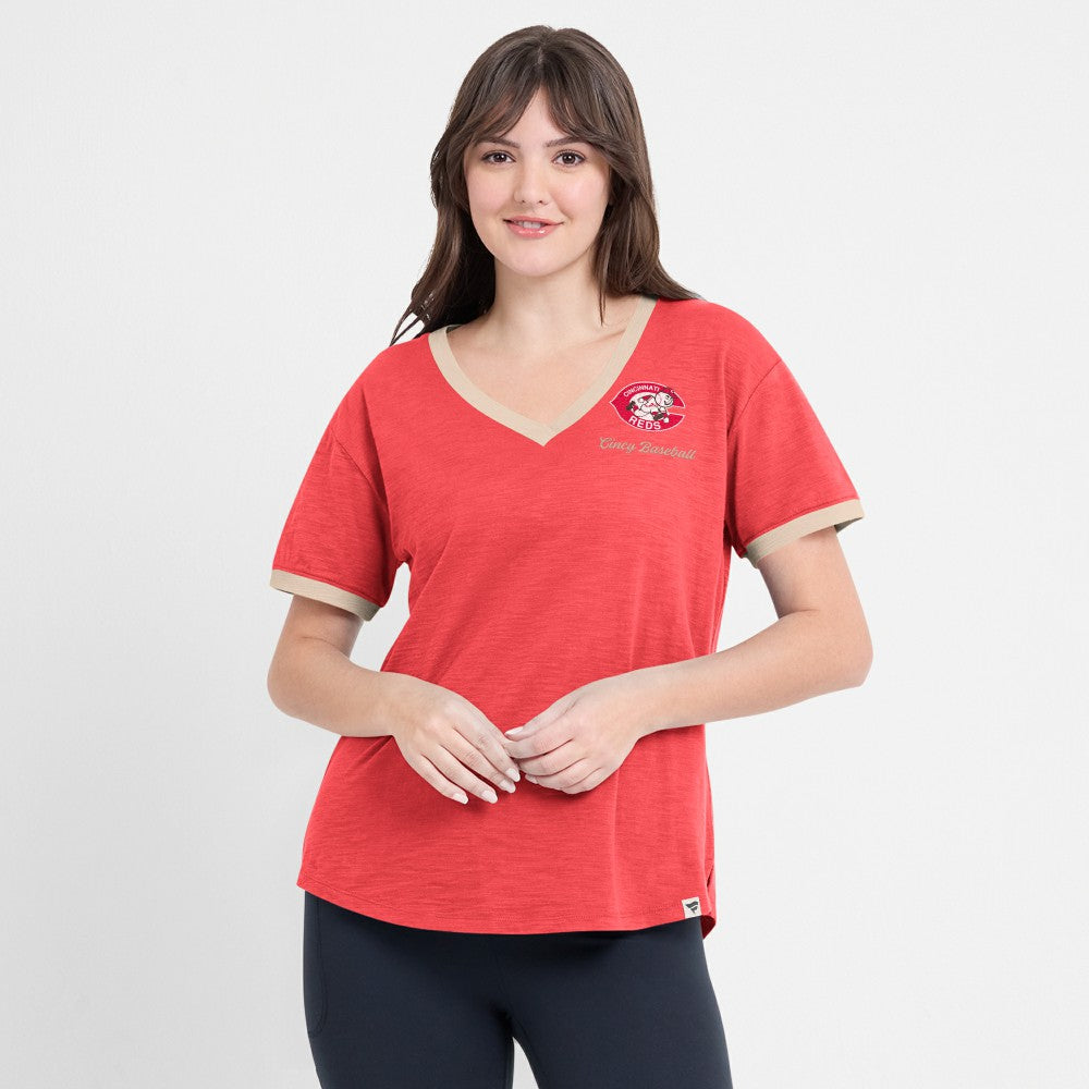 Cincinnati Reds Fanatics Women's Binge Worthy Stadium Slub V-Neck T-Shirt - Red - Fanatics Sale