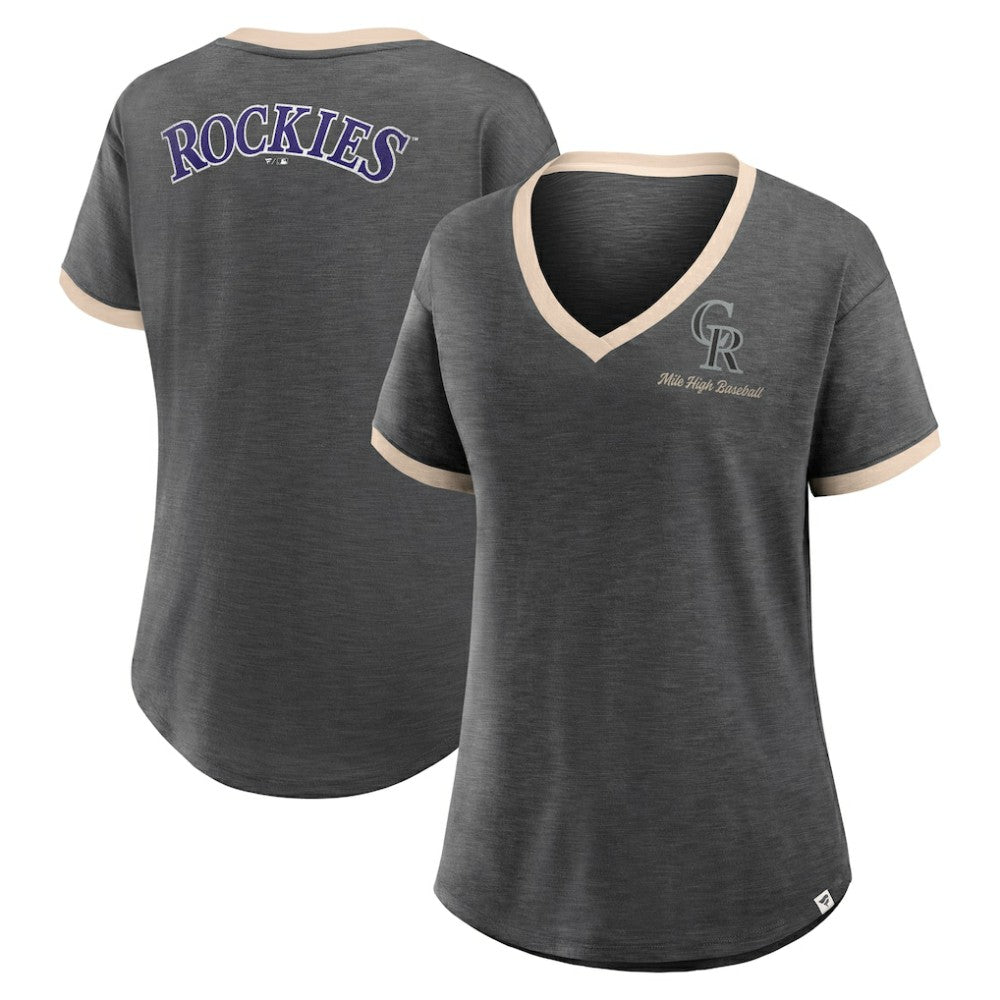 Colorado Rockies Fanatics Women's Binge Worthy Stadium Slub V-Neck T-Shirt - Black - Fanatics Online