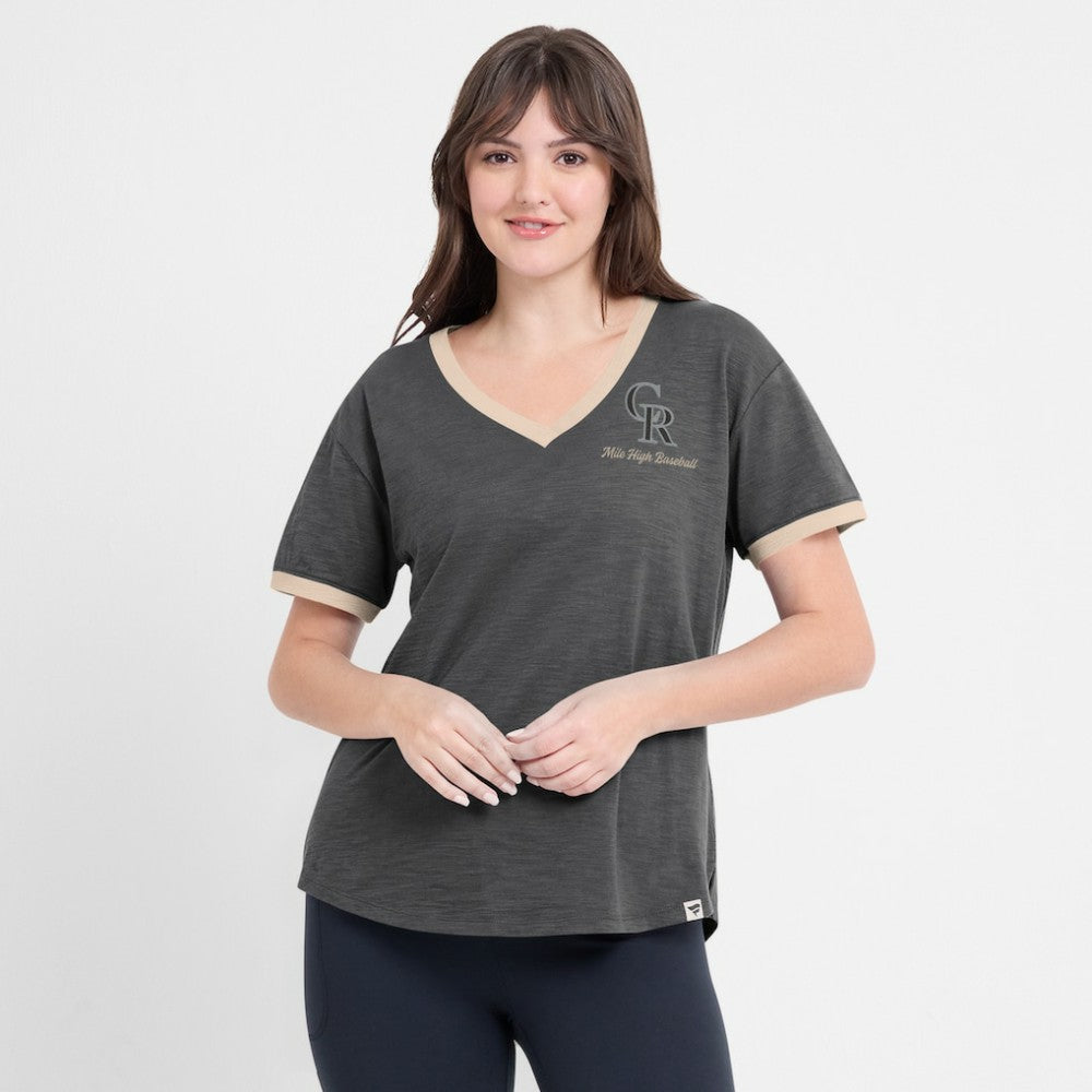 Colorado Rockies Fanatics Women's Binge Worthy Stadium Slub V-Neck T-Shirt - Black - Fanatics Online