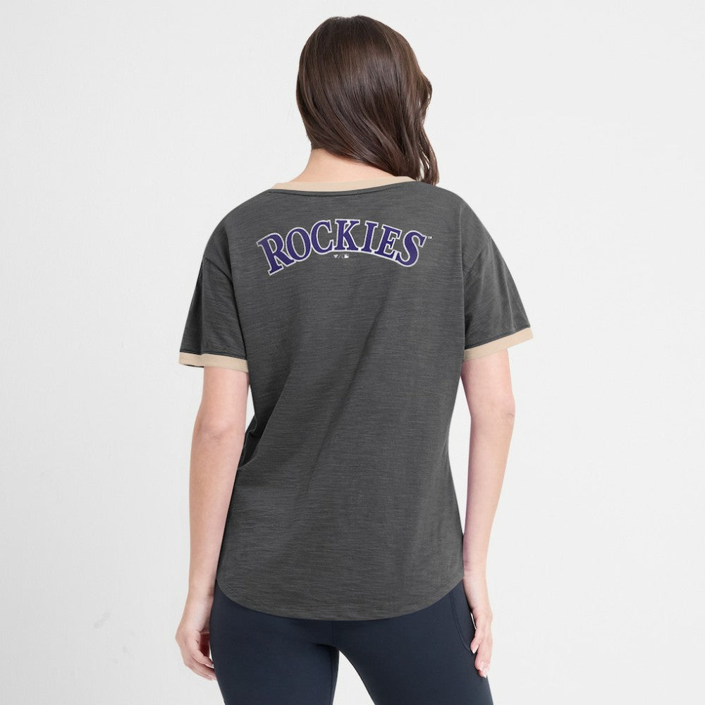 Colorado Rockies Fanatics Women's Binge Worthy Stadium Slub V-Neck T-Shirt - Black - Fanatics Online